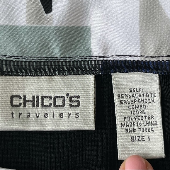 CHICO'S Travelers Size 1 M Black Stretch Knit Tunic Top Contrast Collar Blouse - Picture 6 of 10